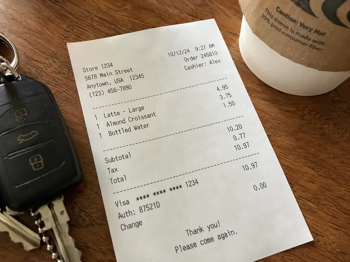 Example close-up photo of a printed receipt